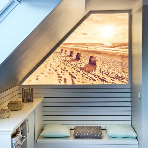 Beleuchteted Wandbild aus Glas mit Strand im Sonnenuntergang